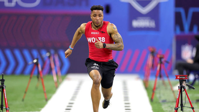 INDIANAPOLIS, INDIANA - MARCH 04: Trey Palmer of Nebraska participates in the 40-yard dash during the NFL Combine at Lucas Oil Stadium on March 04, 2023 in Indianapolis, Indiana.