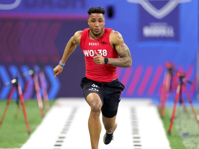 INDIANAPOLIS, INDIANA - MARCH 04: Trey Palmer of Nebraska participates in the 40-yard dash during the NFL Combine at Lucas Oil Stadium on March 04, 2023 in Indianapolis, Indiana.