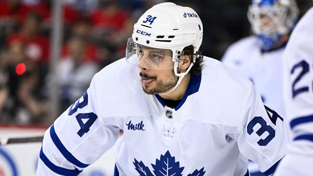 CALGARY, AB - MARCH 02: Toronto Maple Leafs Center Auston Matthews (34) looks on during the first period of an NHL game between the Calgary Flames and the Toronto Maple Leafs on March 2, 2023, at the Scotiabank Saddledome in Calgary, AB.