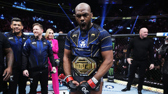 LAS VEGAS, NEVADA - MARCH 04: Jon Jones reacts to his win in the UFC heavyweight championship fight during the UFC 285 event at T-Mobile Arena on March 04, 2023 in Las Vegas, Nevada.