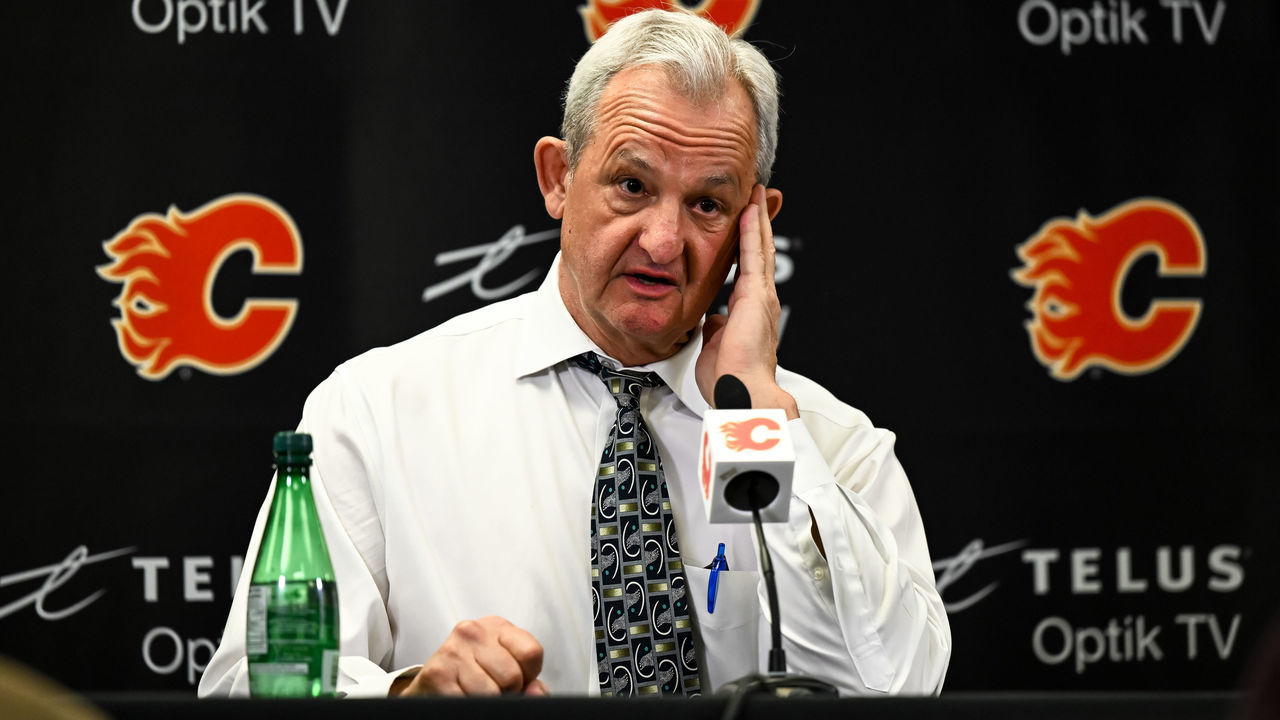 CALGARY, AB - DECEMBER 31: Calgary Flames head coach Darryl Sutter speaks to media after his teams 3-2 win over the Vancouver Canucks in an NHL game on December 31, 2022, at the Scotiabank Saddledome in Calgary, AB.