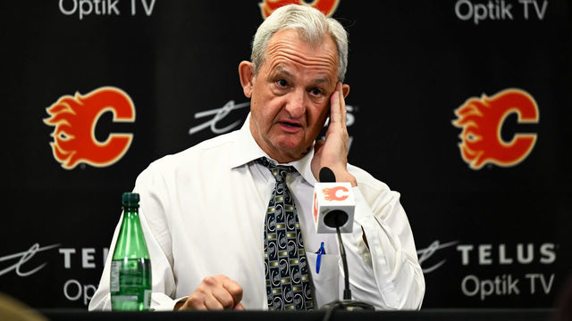 CALGARY, AB - DECEMBER 31: Calgary Flames head coach Darryl Sutter speaks to media after his teams 3-2 win over the Vancouver Canucks in an NHL game on December 31, 2022, at the Scotiabank Saddledome in Calgary, AB.