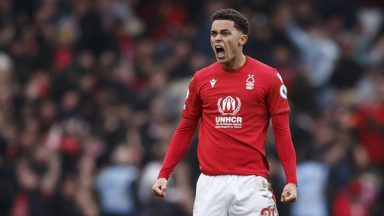 NOTTINGHAM, ENGLAND - MARCH 05: Brennan Johnson of Nottingham Forest celebrates after scoring their second goal to equalise and make the score 2-2 during the Premier League match between Nottingham Forest and Everton FC at City Ground on March 5, 2023 in Nottingham, United Kingdom.