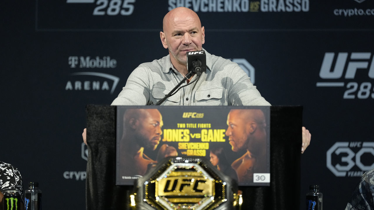 LAS VEGAS, NEVADA - MARCH 02: UFC President Dana White is seen on stage during the UFC 285 Press Conference at the KA Theatre at MGM Grand Hotel & Casino on March 02, 2023 in Las Vegas, Nevada.