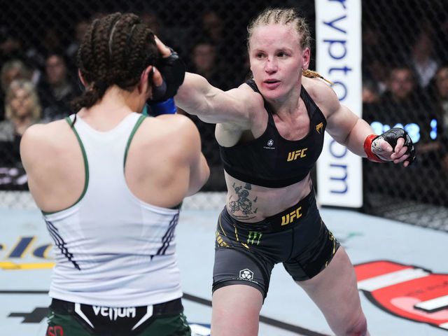 LAS VEGAS, NEVADA - MARCH 04: (R-L) Valentina Shevchenko of Kyrgyzstan punches Alexa Grasso of Mexico in the UFC flyweight championship fight during the UFC 285 event at T-Mobile Arena on March 04, 2023 in Las Vegas, Nevada.