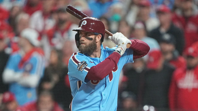 Baseball: World Series: Philadelphia Phillies Bryce Harper (3) in action, batting vs Houston Astros at Citizens Bank Park. Game 5. Philadelphia, PA 11/3/2022 CREDIT: Erick W. Rasco (Set Number: X164226 TK1)