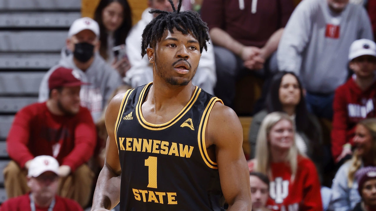 BLOOMINGTON, IN - DECEMBER 23: Kennesaw State Owls guard Terrell Burden (1) brings the ball up court during a college basketball game against the Indiana Hoosiers on December 23, 2022 at Assembly Hall in Bloomington, Indiana.