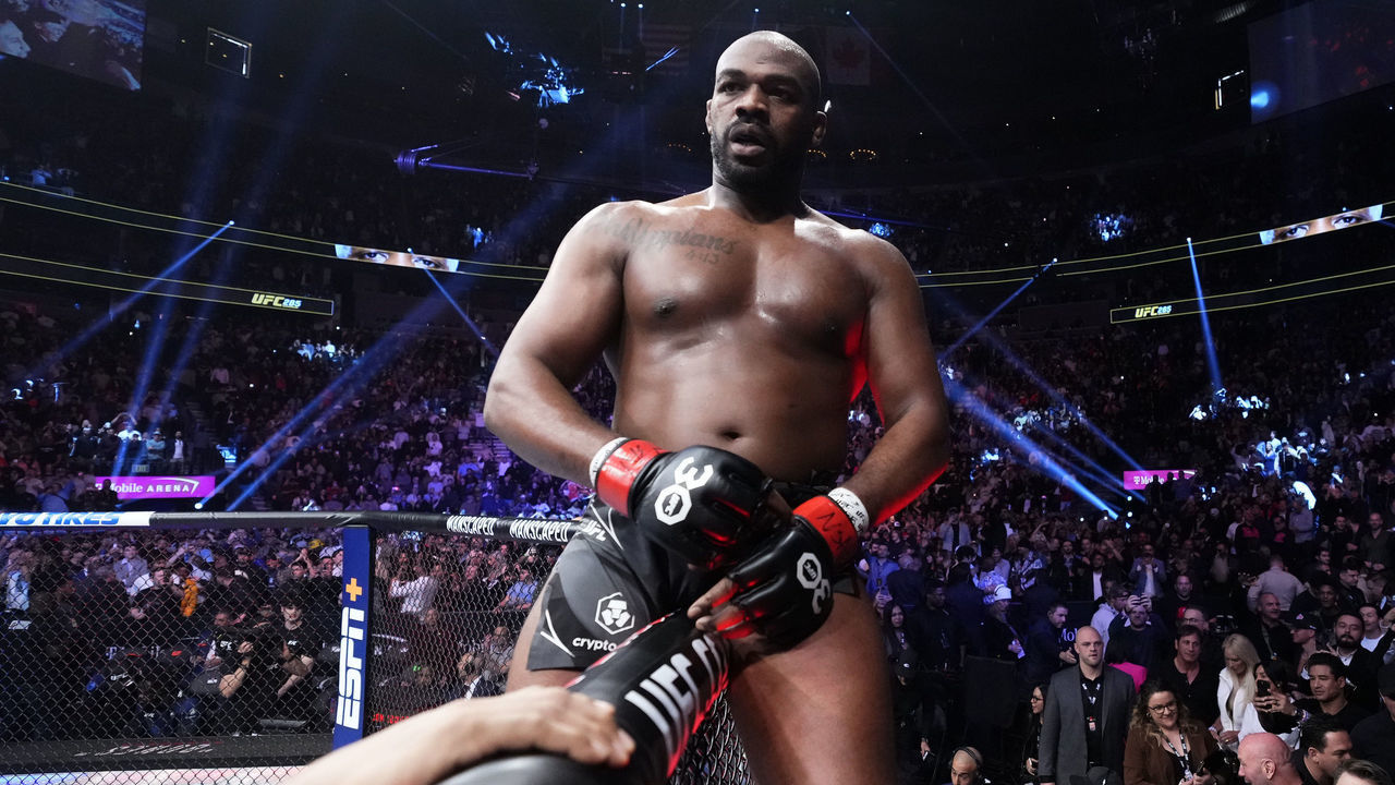 LAS VEGAS, NEVADA - MARCH 04: Jon Jones reacts to his win in the UFC heavyweight championship fight during the UFC 285 event at T-Mobile Arena on March 04, 2023 in Las Vegas, Nevada.