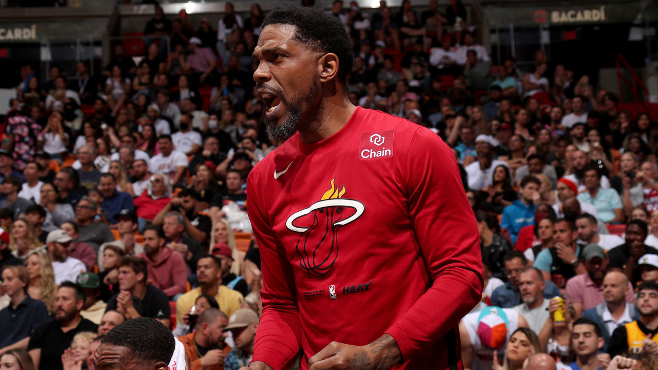 MIAMI, FL - JANUARY 12: Udonis Haslem #40 of the Miami Heat reacts to a play during the game against the Milwaukee Bucks on January 12, 2023 at FTX Arena in Miami, Florida. Mandatory Copyright Notice: Copyright 2023 NBAE