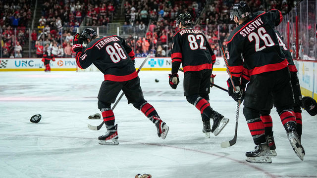 RALEIGH, NORTH CAROLINA - MARCH 05: Teuvo Teravainen #86 of the Carolina Hurricanes celebrates with teammates after a goal during the third period against the Tampa Bay Lightning at PNC Arena on March 05, 2023 in Raleigh, North Carolina.