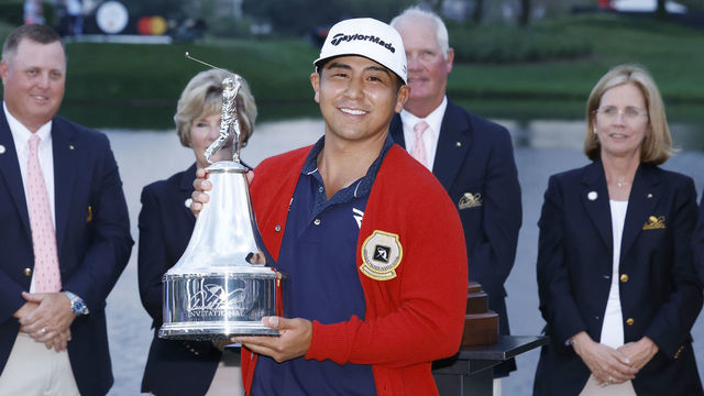 ORLANDO, FL - MARCH 05: Kurt Kitayama of the United States celebrates after his win following the final round of the Arnold Palmer Invitational presented by Mastercard at Arnold Palmer's Bay Hill and Lodge on March 5, 2023 in Orlando, Florida.