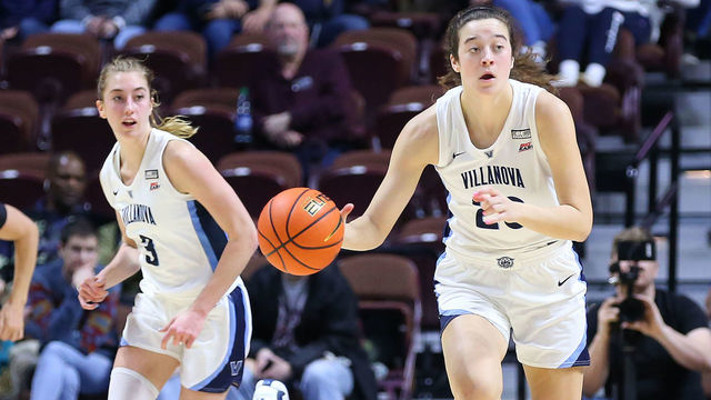 UNCASVILLE, CT - MARCH 04: Villanova Wildcats forward Maddy Siegrist (20) fast-breaks during the Big East Women's Basketball Tournament game between DePaul Blue Demons and Villanova Wildcats on March 4, 2023, at Mohegan Sun Arena in Uncasville, CT.