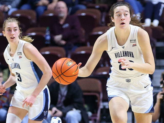 UNCASVILLE, CT - MARCH 04: Villanova Wildcats forward Maddy Siegrist (20) fast-breaks during the Big East Women's Basketball Tournament game between DePaul Blue Demons and Villanova Wildcats on March 4, 2023, at Mohegan Sun Arena in Uncasville, CT.