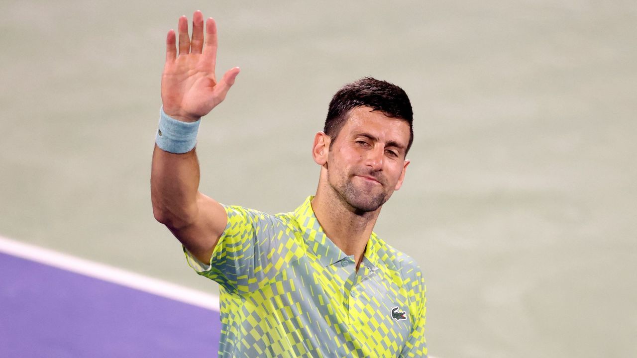 Serbia's Novak Djokovic reacts during his Dubai Duty Free Tennis Championship match against Netherlands' Tallon Griekspoor (unseen) in Dubai on March 1, 2023.
