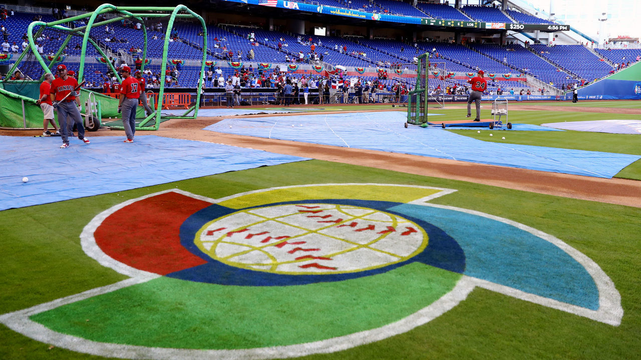 MIAMI, FL - MARCH 9: A detail shot of the World Baseball Classic logo on the field prior to Game 1 of Pool C of the 2017 World Baseball Classic between Team Canada and Team Dominican Republic on Thursday, March 9, 2017 at Marlins Park in Miami, Florida.