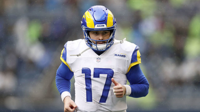 SEATTLE, WASHINGTON - JANUARY 08: Baker Mayfield #17 of the Los Angeles Rams looks on during the second quarter against the Seattle Seahawks at Lumen Field on January 08, 2023 in Seattle, Washington.