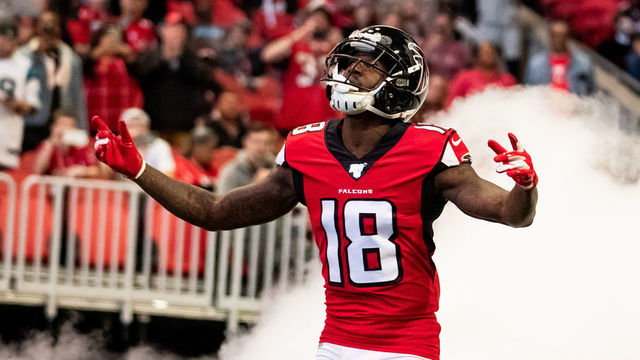 ATLANTA, GA - DECEMBER 08: Calvin Ridley #18 of the Atlanta Falcons takes the field prior to the game against the Carolina Panthers at Mercedes-Benz Stadium on December 8, 2019 in Atlanta, Georgia.