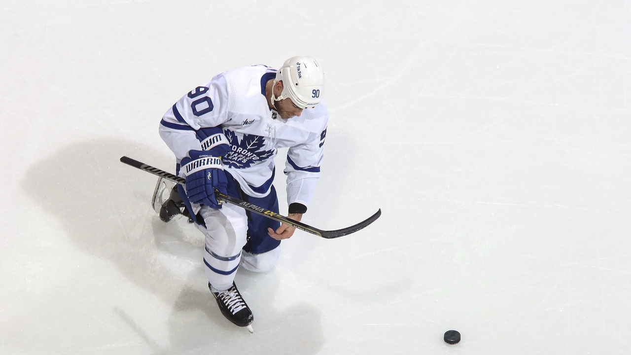 CALGARY, AB - MARCH 2: Ryan O'Reilly #90 of the Toronto Maple Leafs stretches during warmup prior to the game against the Calgary Flames at Scotiabank Saddledome on March 2, 2023 in Calgary, Alberta, Canada.