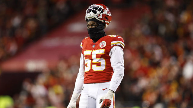 KANSAS CITY, MISSOURI - JANUARY 29: Frank Clark #55 of the Kansas City Chiefs looks on during the AFC Championship NFL football game between the Kansas City Chiefs and the Cincinnati Bengals at GEHA Field at Arrowhead Stadium on January 29, 2023 in Kansas City, Missouri.