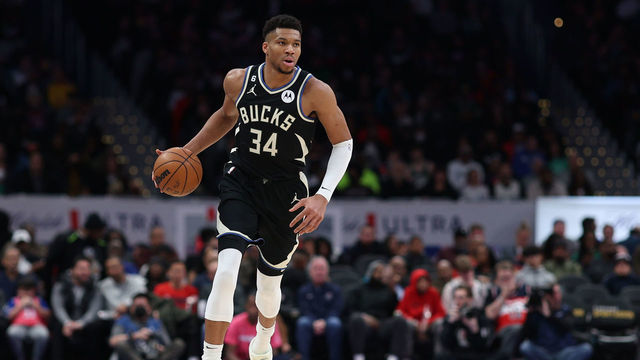 WASHINGTON, DC - MARCH 05: Giannis Antetokounmpo #34 of the Milwaukee Bucks dribbles the ball up the court against the Washington Wizards at Capital One Arena on March 5, 2023 in Washington, DC.