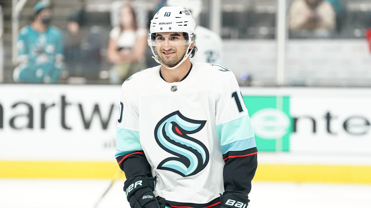 SAN JOSE, CA - FEBRUARY 20: Matty Beniers #10 of the Seattle Kraken skates during warmups before the game against the San Jose Sharks at SAP Center on February 20, 2023 in San Jose, California.