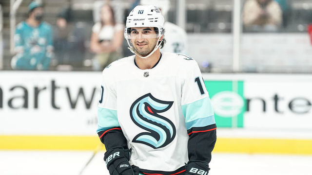 SAN JOSE, CA - FEBRUARY 20: Matty Beniers #10 of the Seattle Kraken skates during warmups before the game against the San Jose Sharks at SAP Center on February 20, 2023 in San Jose, California.