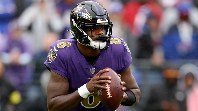 BALTIMORE, MARYLAND - OCTOBER 02: Lamar Jackson #8 of the Baltimore Ravens drops back to pass in the first quarter against the Buffalo Bills at M&T Bank Stadium on October 02, 2022 in Baltimore, Maryland.