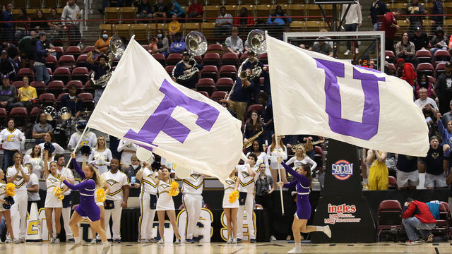ASHEVILLE, NC - MARCH 07: Furman University flags fly during the Southern Conference Men's Basketball Championship game between the Furman Paladins and the UT Chattanooga Mocs on March 7, 2022, at the Harrah's Cherokee Center in Ashville, N.C.