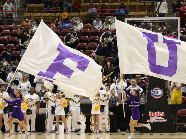 ASHEVILLE, NC - MARCH 07: Furman University flags fly during the Southern Conference Men's Basketball Championship game between the Furman Paladins and the UT Chattanooga Mocs on March 7, 2022, at the Harrah's Cherokee Center in Ashville, N.C.