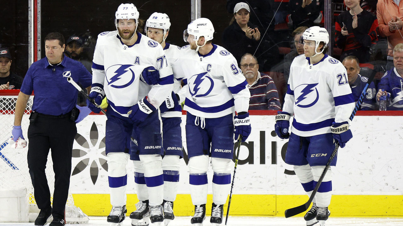 RALEIGH, NORTH CAROLINA - MARCH 05: Victor Hedman #77 of the Tampa Bay Lightning skates off the ice following an injury during the second period of the game against the Carolina Hurricanes at PNC Arena on March 05, 2023 in Raleigh, North Carolina.