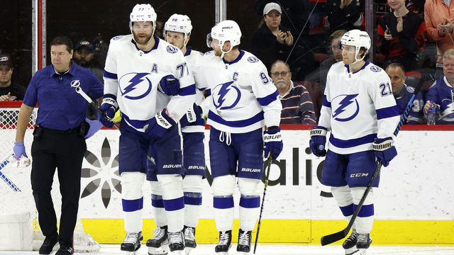RALEIGH, NORTH CAROLINA - MARCH 05: Victor Hedman #77 of the Tampa Bay Lightning skates off the ice following an injury during the second period of the game against the Carolina Hurricanes at PNC Arena on March 05, 2023 in Raleigh, North Carolina.