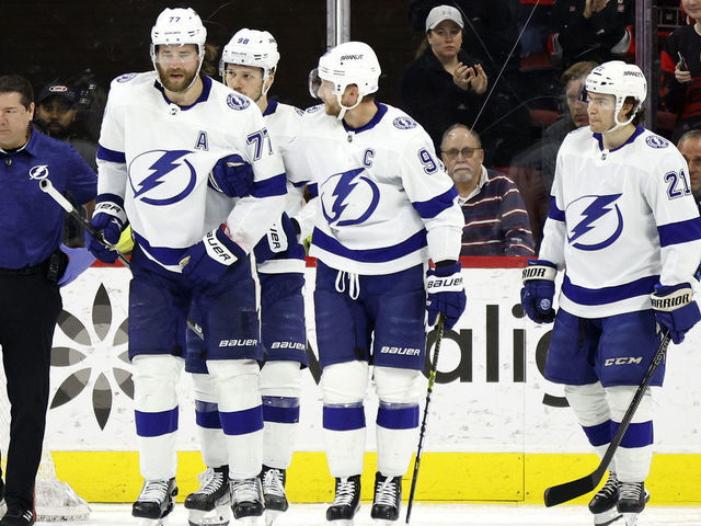 RALEIGH, NORTH CAROLINA - MARCH 05: Victor Hedman #77 of the Tampa Bay Lightning skates off the ice following an injury during the second period of the game against the Carolina Hurricanes at PNC Arena on March 05, 2023 in Raleigh, North Carolina.