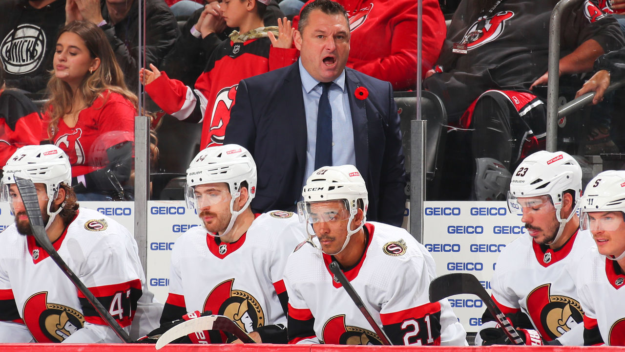 NEWARK, NJ - NOVEMBER 10: D.J. Smith Ottawa Senators head coach behind the bench against the New Jersey Devils on November 10, 2022 at the Prudential Center in Newark, New Jersey.