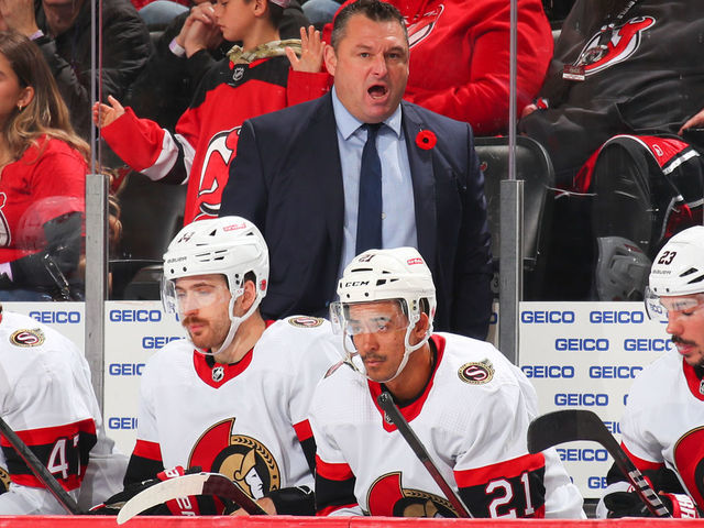 NEWARK, NJ - NOVEMBER 10: D.J. Smith Ottawa Senators head coach behind the bench against the New Jersey Devils on November 10, 2022 at the Prudential Center in Newark, New Jersey.