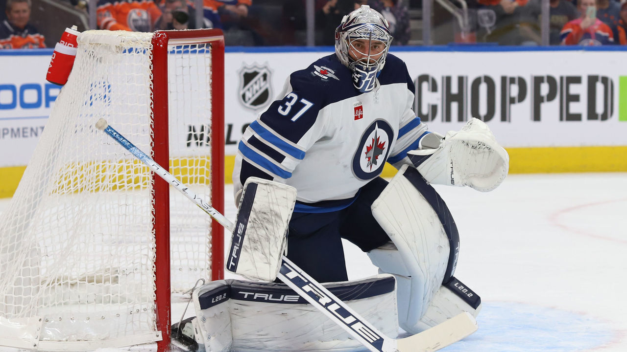 EDMONTON, CANADA - MARCH 3: Connor Hellebuyck #37 of the Winnipeg Jets tracks the play during the game against the Edmonton Oilers on March 3, 2023 at Rogers Place in Edmonton, Alberta, Canada.