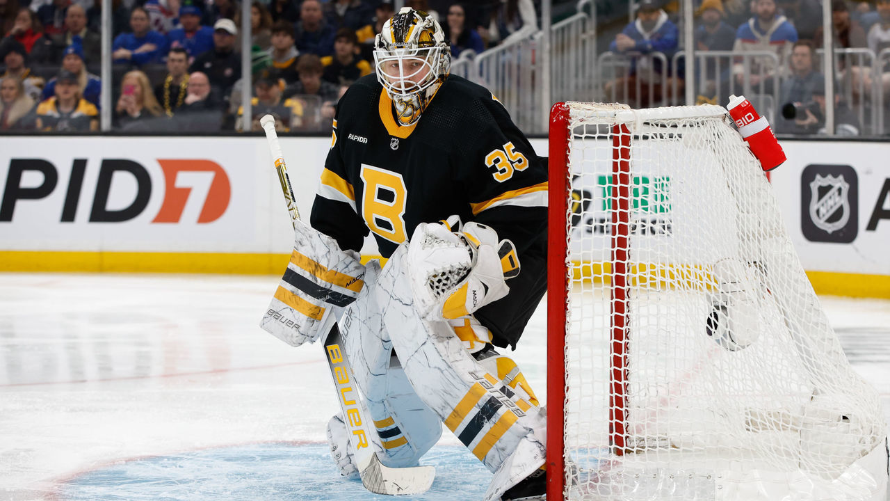 BOSTON, MA - MARCH 4: Linus Ullmark #35 of the Boston Bruins tends goal against the New York Rangers during the second period at the TD Garden on March 4, 2023 in Boston, Massachusetts. The Bruins won 4-2.