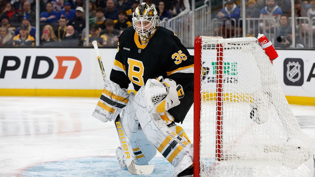 BOSTON, MA - MARCH 4: Linus Ullmark #35 of the Boston Bruins tends goal against the New York Rangers during the second period at the TD Garden on March 4, 2023 in Boston, Massachusetts. The Bruins won 4-2.