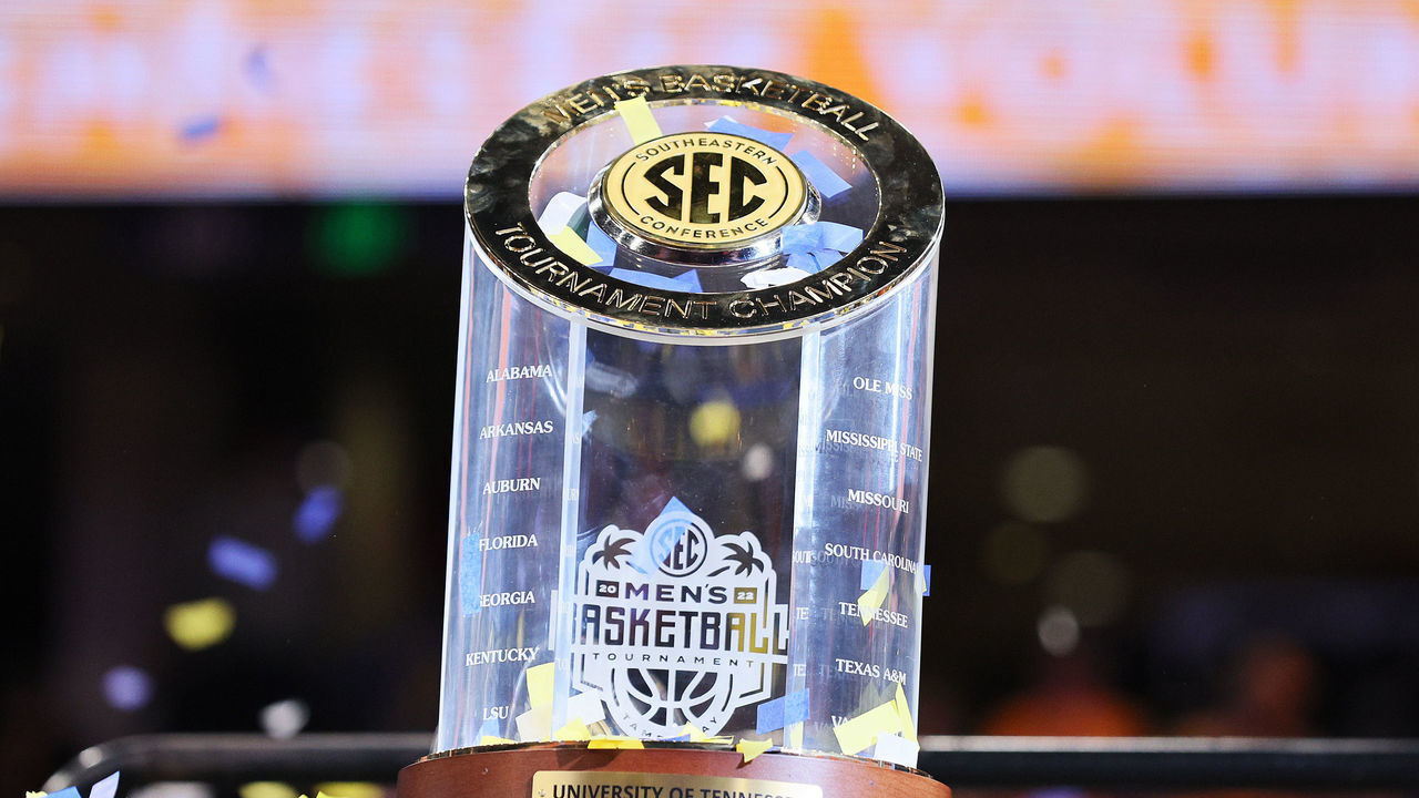 TAMPA, FLORIDA - MARCH 13: The SEC Tournament trophy is seen on the court after the Tennessee Volunteers defeated the Texas A&M Aggies 65-50 in the Championship game of the SEC Men's Tournament at Amalie Arena on March 13, 2022 in Tampa, Florida.