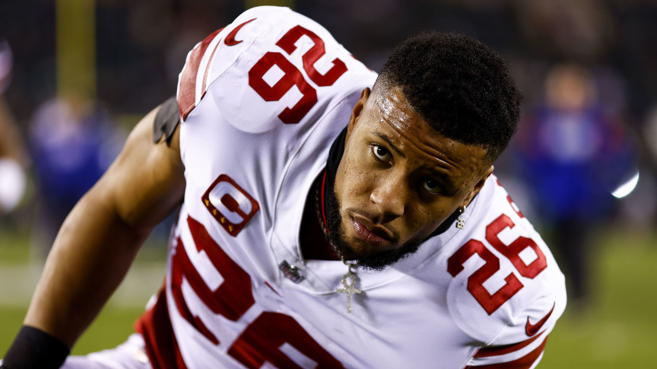 PHILADELPHIA, PA - JANUARY 21: Saquon Barkley #26 of the New York Giants stretches prior to an NFL divisional round football game against the Philadelphia Eagles at Lincoln Financial Field on January 21, 2023 in Philadelphia, Pennsylvania.