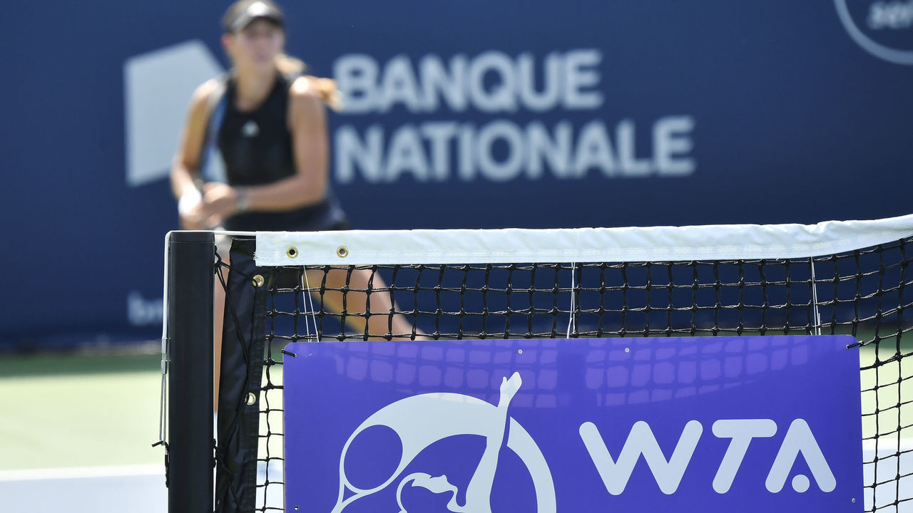 MONTREAL, QC - AUGUST 10: A view of the WTA logo on the net during the Women's Singles match between Jessica Pegula of the United States and Anett Kontaveit of Estonia on Day Two of the National Bank Open presented by Rogers at IGA Stadium on August 10, 2021 in Montreal, Canada.