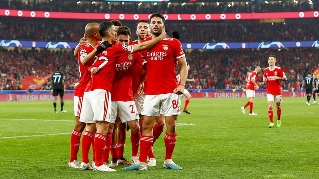 LISBON, PORTUGAL - MARCH 07: Rafa of Benfica Lissabon celebrates after scoring his team's first goal with teammates during the UEFA Champions League round of 16 leg two match between SL Benfica and Club Brugge KV at Estadio do Sport Lisboa e Benfica on March 7, 2023 in Lisbon, Portugal.