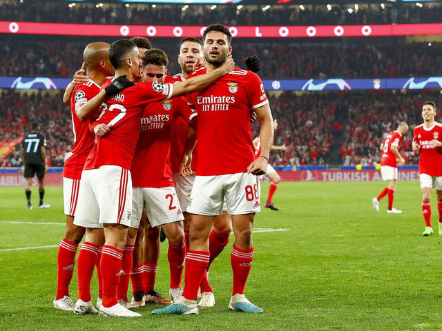 LISBON, PORTUGAL - MARCH 07: Rafa of Benfica Lissabon celebrates after scoring his team's first goal with teammates during the UEFA Champions League round of 16 leg two match between SL Benfica and Club Brugge KV at Estadio do Sport Lisboa e Benfica on March 7, 2023 in Lisbon, Portugal.
