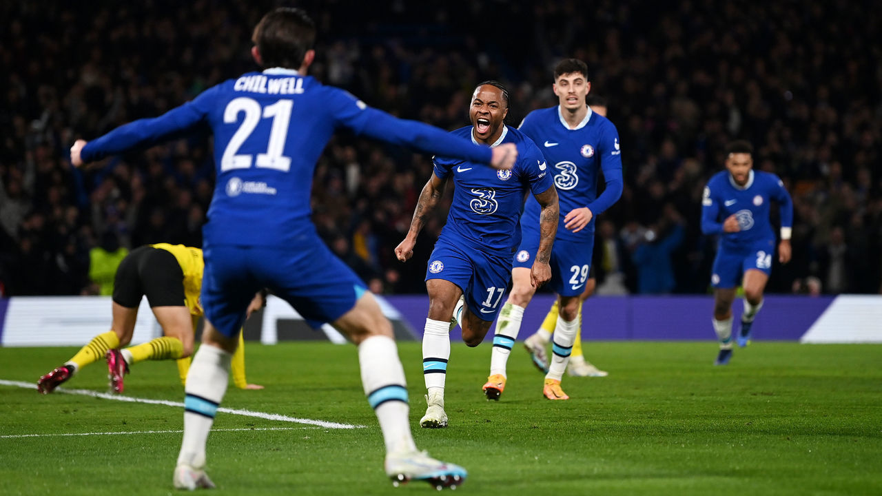 LONDON, ENGLAND - MARCH 07: Raheem Sterling of Chelsea celebrates after scoring the team's first goal with teammates during the UEFA Champions League round of 16 leg two match between Chelsea FC and Borussia Dortmund at Stamford Bridge on March 07, 2023 in London, England.
