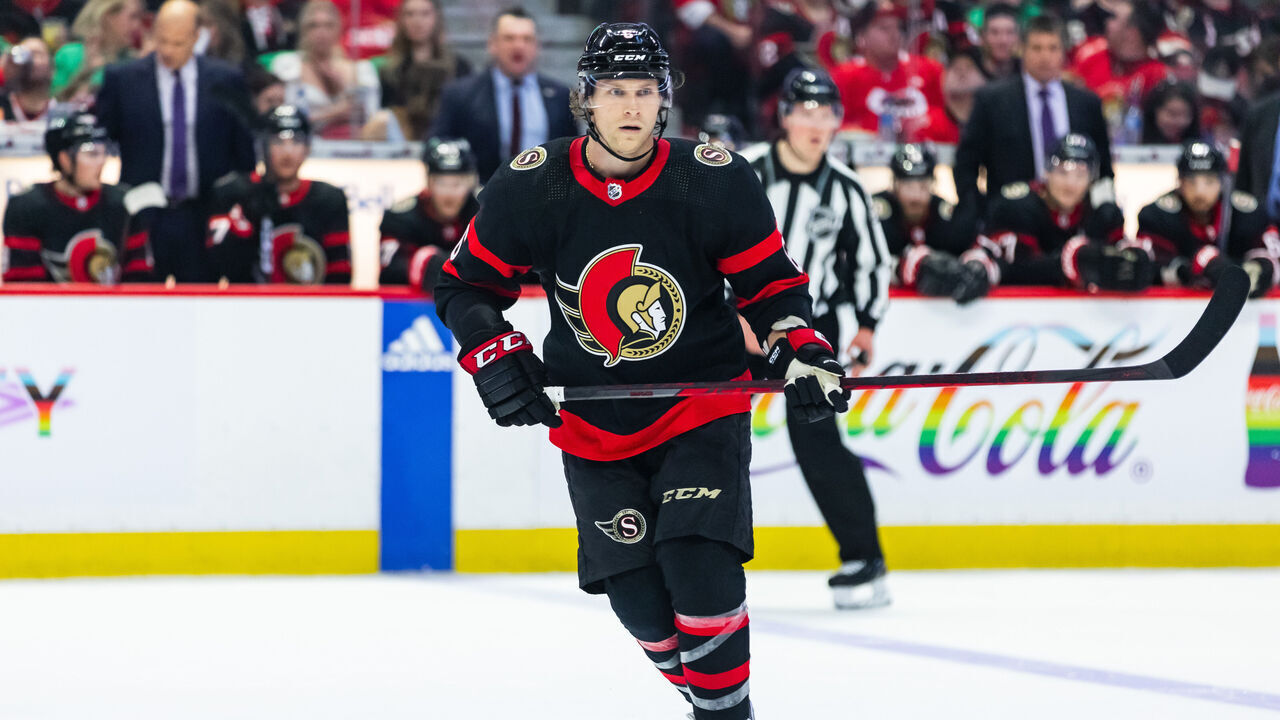 OTTAWA, ON - MARCH 04: Ottawa Senators Defenceman Jakob Chychrun (6) keeps eyes on the play during second period National Hockey League action between the Columbus Blue Jackets and Ottawa Senators on March 4, 2023, at Canadian Tire Centre in Ottawa, ON, Canada.