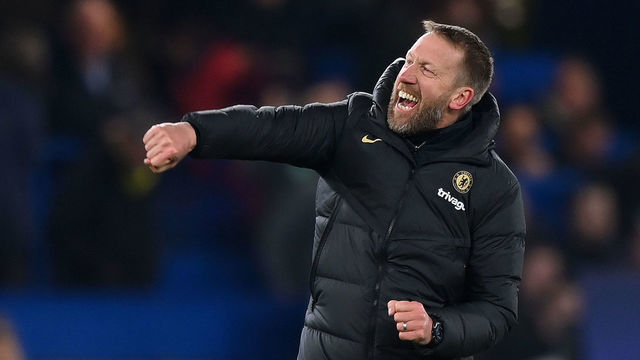 LONDON, ENGLAND - MARCH 07: Graham Potter, Manager of Chelsea, celebrates after the UEFA Champions League round of 16 leg two match between Chelsea FC and Borussia Dortmund at Stamford Bridge on March 07, 2023 in London, England.