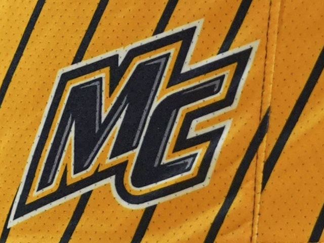 NEW YORK, NY - NOVEMBER 7: The Merrimack Warriors uniform logo during a game at Carnesecca Arena on November 7, 2022 in the Queens borough of New York City.