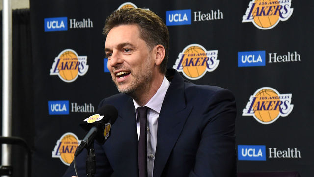 LOS ANGELES, CA - MARCH 7: Pau Gasol talks to the media prior to the game between the Memphis Grizzlies and the Los Angeles Lakers on March 7, 2023 at Crypto.Com Arena in Los Angeles, California. NOTE TO USER: User expressly acknowledges and agrees that, by downloading and/or using this Photograph, user is consenting to the terms and conditions of the Getty Images License Agreement. Mandatory Copyright Notice: Copyright 2023 NBAE