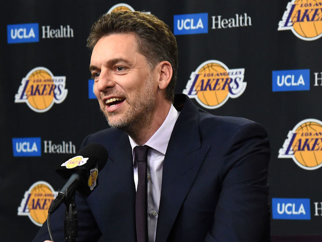 LOS ANGELES, CA - MARCH 7: Pau Gasol talks to the media prior to the game between the Memphis Grizzlies and the Los Angeles Lakers on March 7, 2023 at Crypto.Com Arena in Los Angeles, California. NOTE TO USER: User expressly acknowledges and agrees that, by downloading and/or using this Photograph, user is consenting to the terms and conditions of the Getty Images License Agreement. Mandatory Copyright Notice: Copyright 2023 NBAE