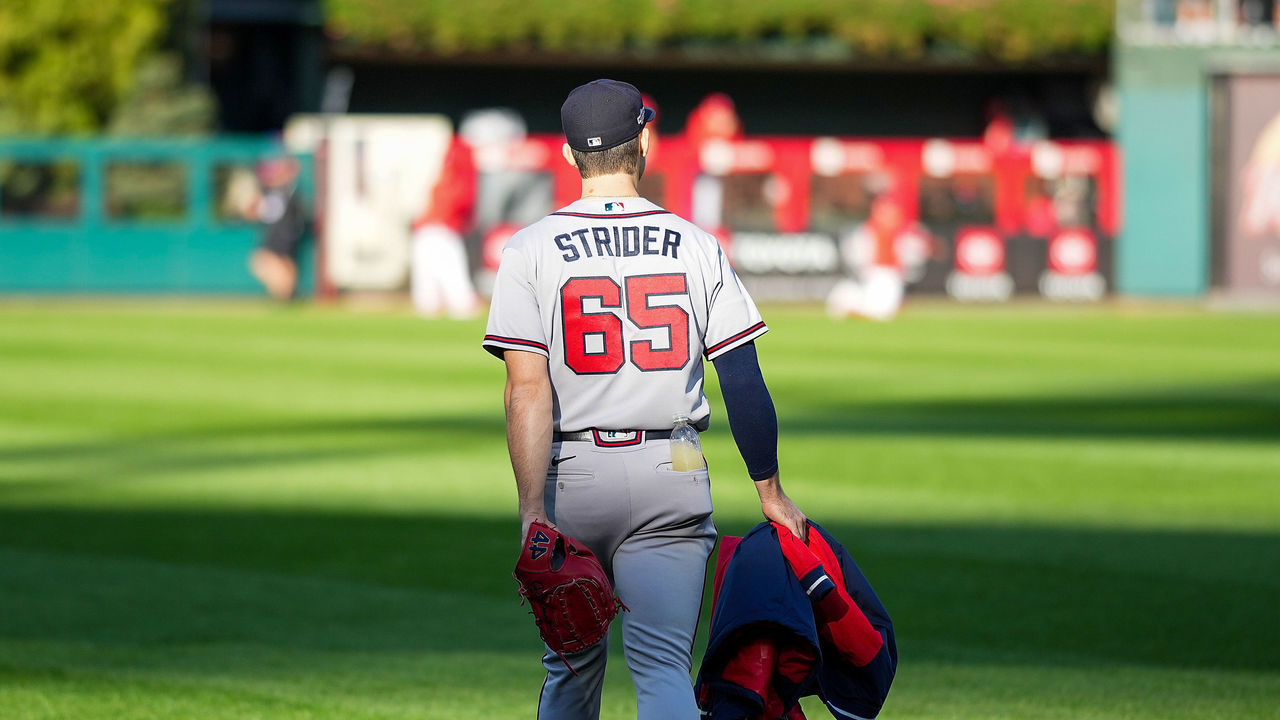 PENNSYLVANIA, PA - OCTOBER 14: Spencer Strider #65 of the Atlanta Braves walks to the bullpen before game three of the National League Division Series against the Philadelphia Phillies at Citizens Bank Park on October 14, 2022 in Philadelphia, Pennsylvania.