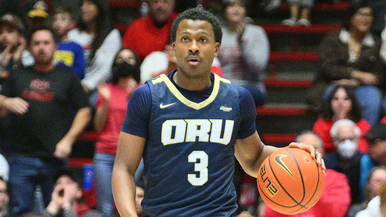 ALBUQUERQUE, NEW MEXICO - JANUARY 09: Max Abmas #3 of the Oral Roberts Golden Eagles dribbles against the New Mexico Lobos during the first half of their game at The Pit on January 09, 2023 in Albuquerque, New Mexico.